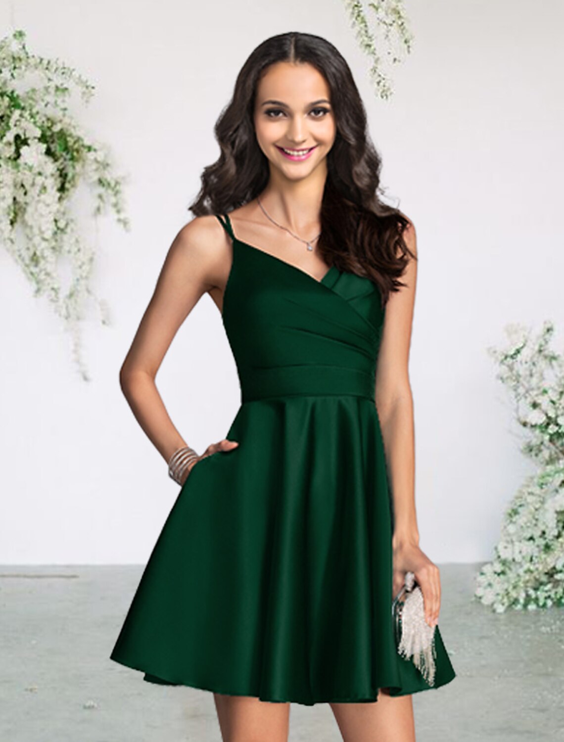 A-Line V-Neck Satin Sleeveless Pleated Mini Wedding Dress - Chloe Dress