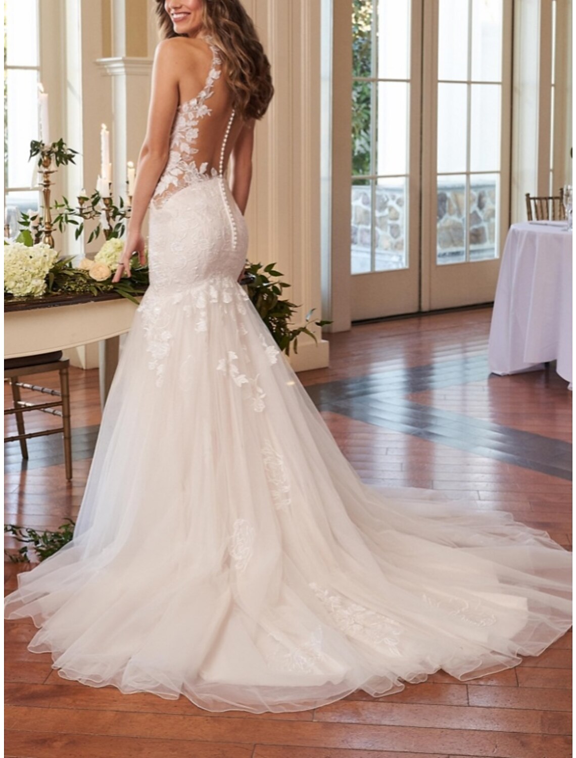 Mermaid High Neck Lace Sleeveless Pleated Wedding Gown - Chloe Dress