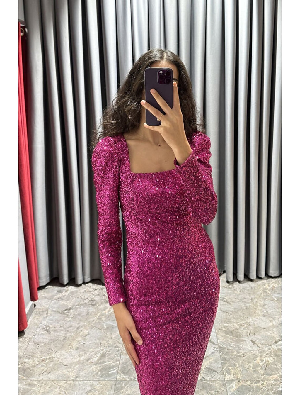 Black Sheath Square Neck Sequin Long Sleeve High Slit Tea-Length Evening Gown - Chloe Dress