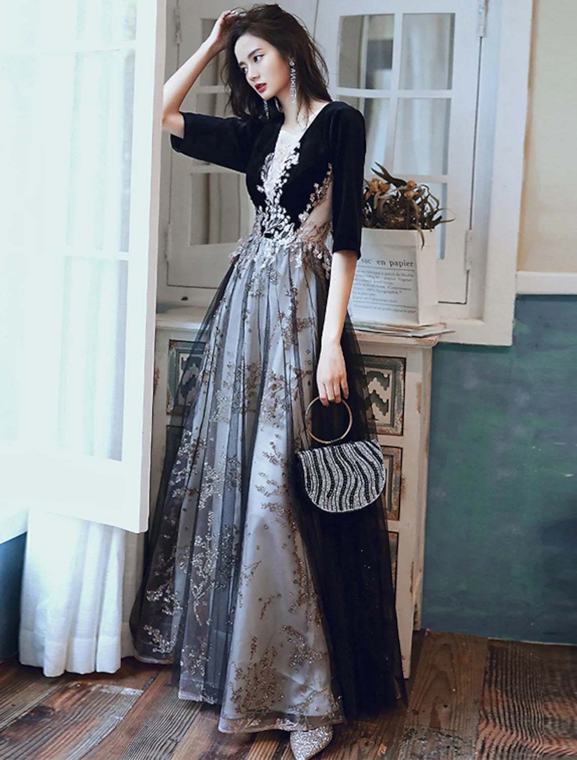 A-Line Illusion Sequin Applique Floor-Length Evening Dress - Chloe Dress