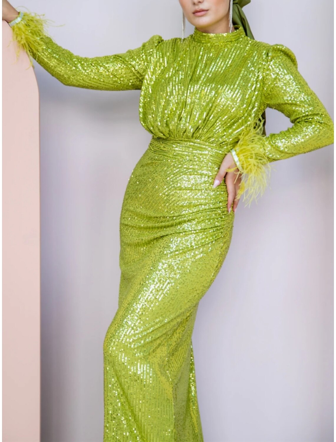 Sheath High Neck Sequin Long Sleeve Ankle-Length Evening Gown - Chloe Dress