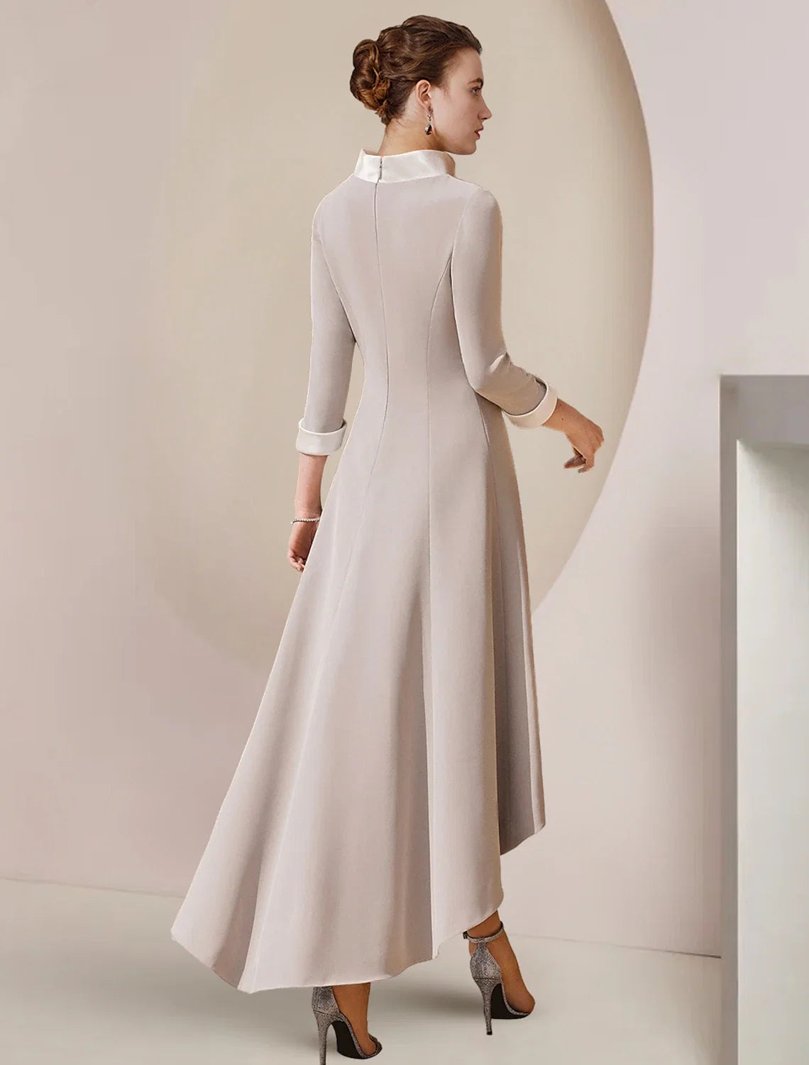 A-Line High Neck Satin Three-Quarter Sleeve Asymmetric Tea-Length Wedding Dress - Chloe Dress