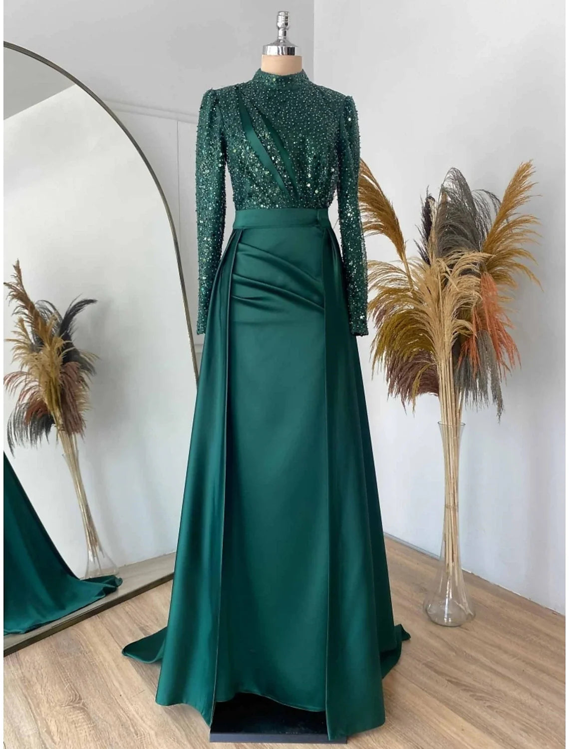 Green Sheath Satin Long Sleeve Pleated Evening Gown - Chloe Dress