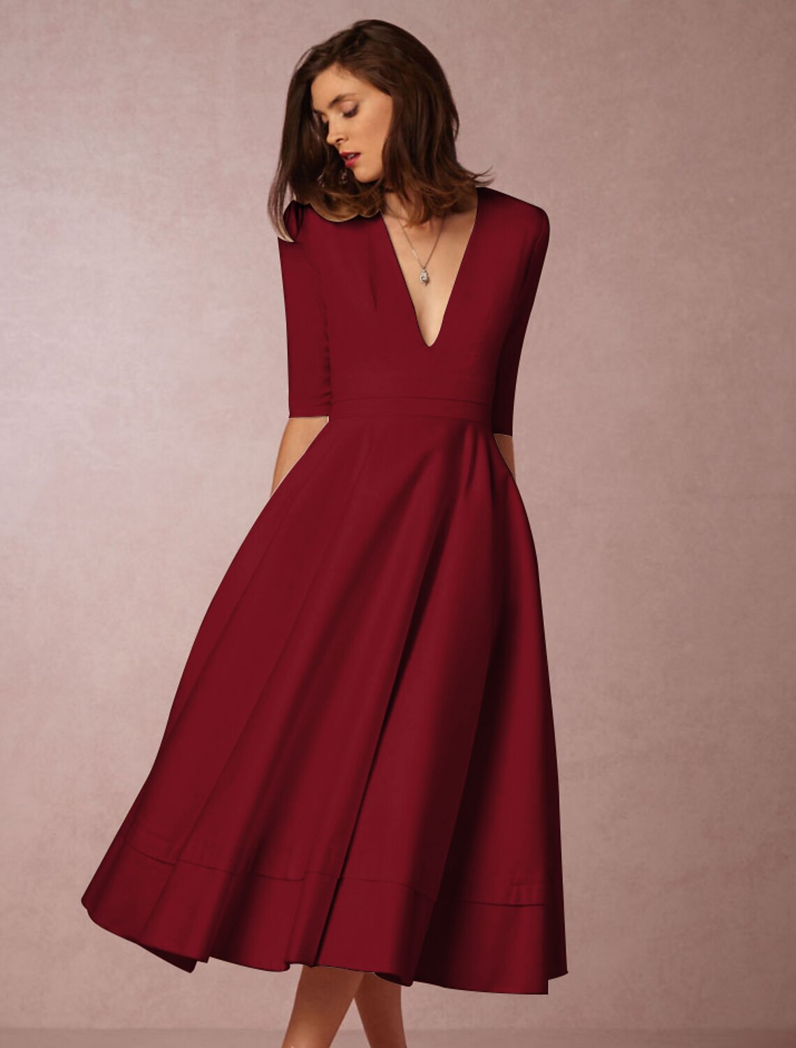 White A-Line V-Neck Jersey Pleated Tea-Length Wedding Dress - Chloe Dress