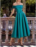 A-Line Off-Shoulder Satin Short Sleeve Pleated Mini Evening Gown - Chloe Dress