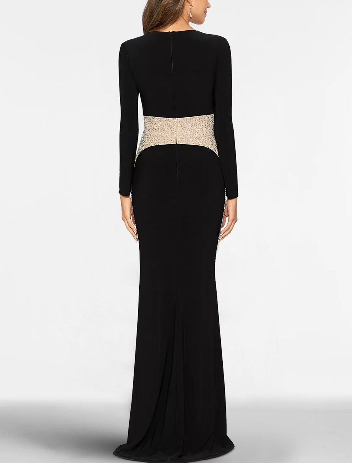 Black Mermaid V-Neck Long Sleeve Rhinestone Floor-Length Evening Gown - Chloe Dress