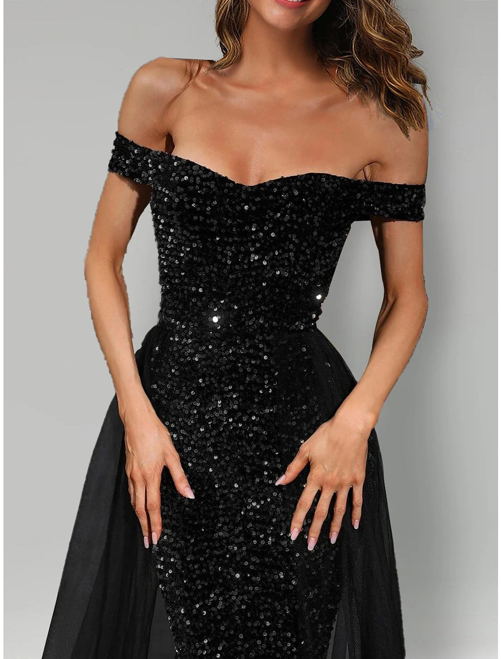Black Mermaid Off-Shoulder Tulle Sleeveless Train Evening Gown - Chloe Dress