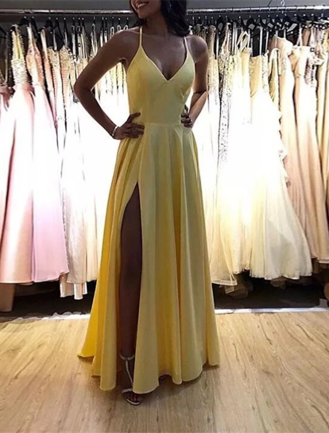 Black A-Line Spaghetti Strap Satin Sleeveless High Slit Floor-Length Prom Dress - Chloe Dress