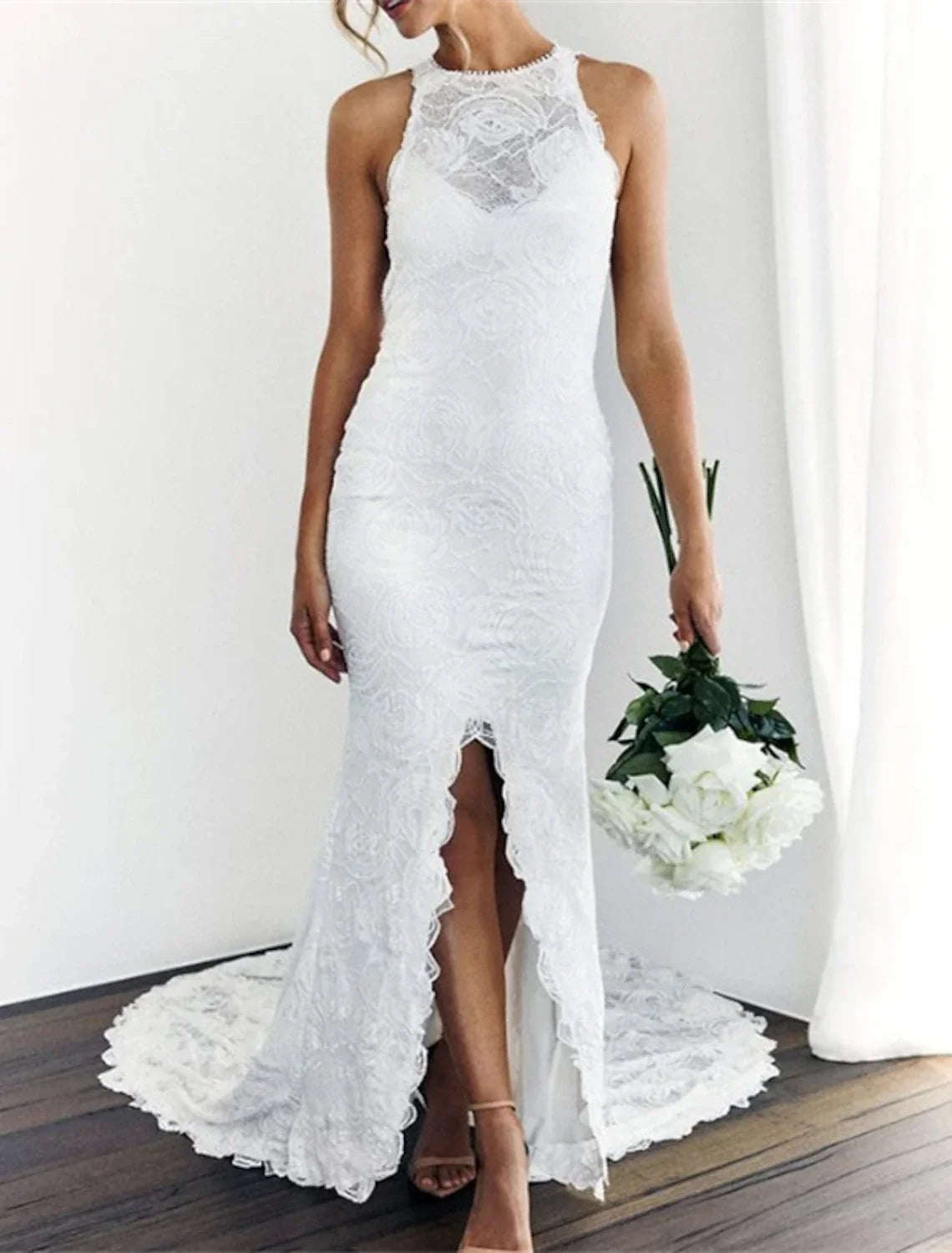 Mermaid Halter Lace Sleeveless Open Back Train Wedding Gown - Chloe Dress