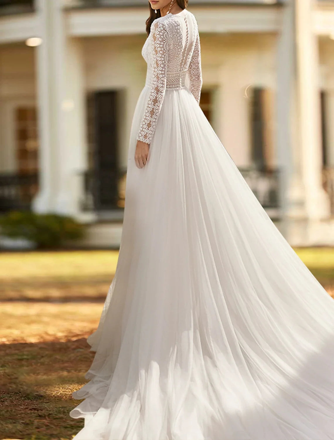 A-Line V-Neck Lace Long Sleeve Train Wedding Gown - Chloe Dress