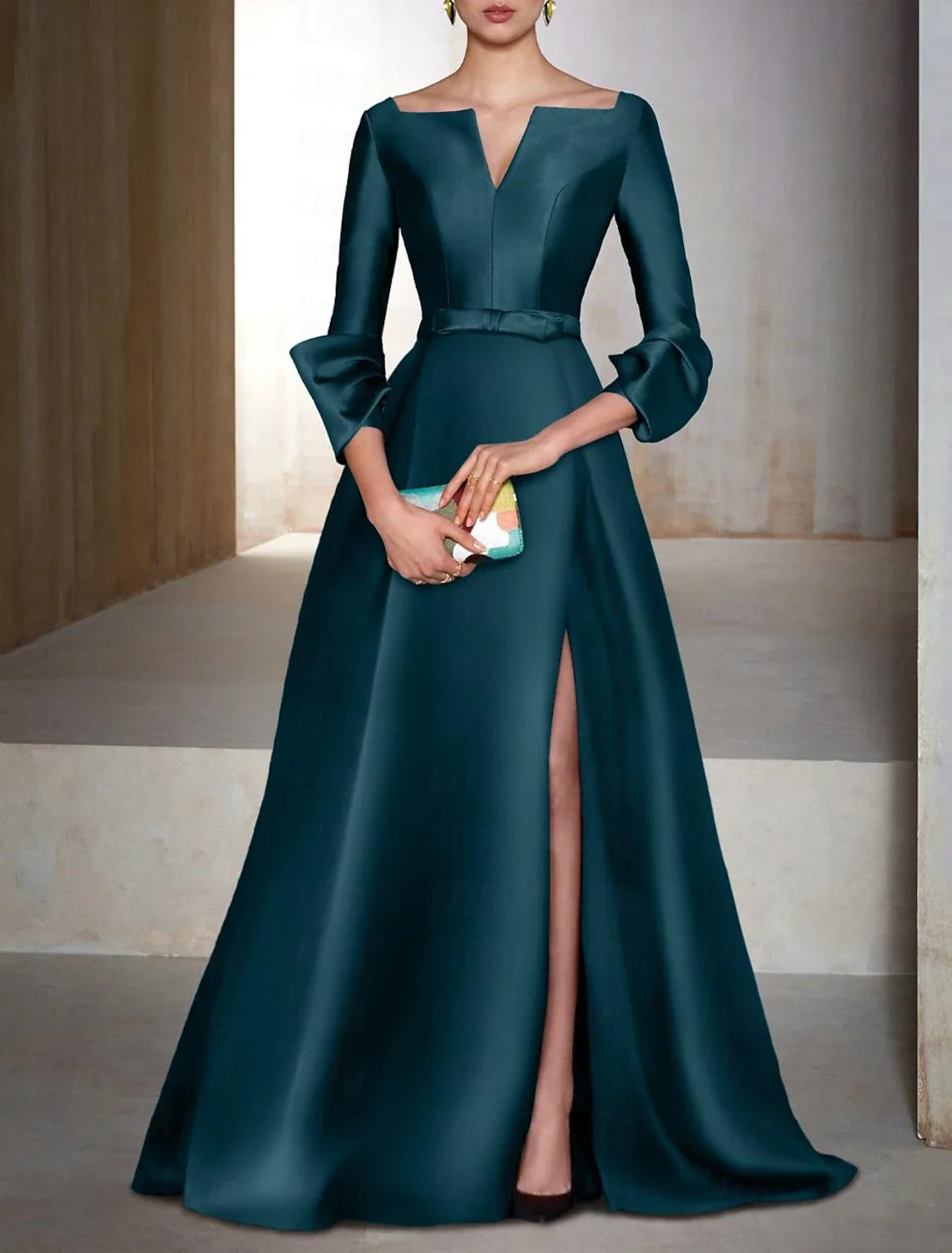 A-Line V-Neck Satin Long Sleeve Floor-Length Evening Gown - Chloe Dress