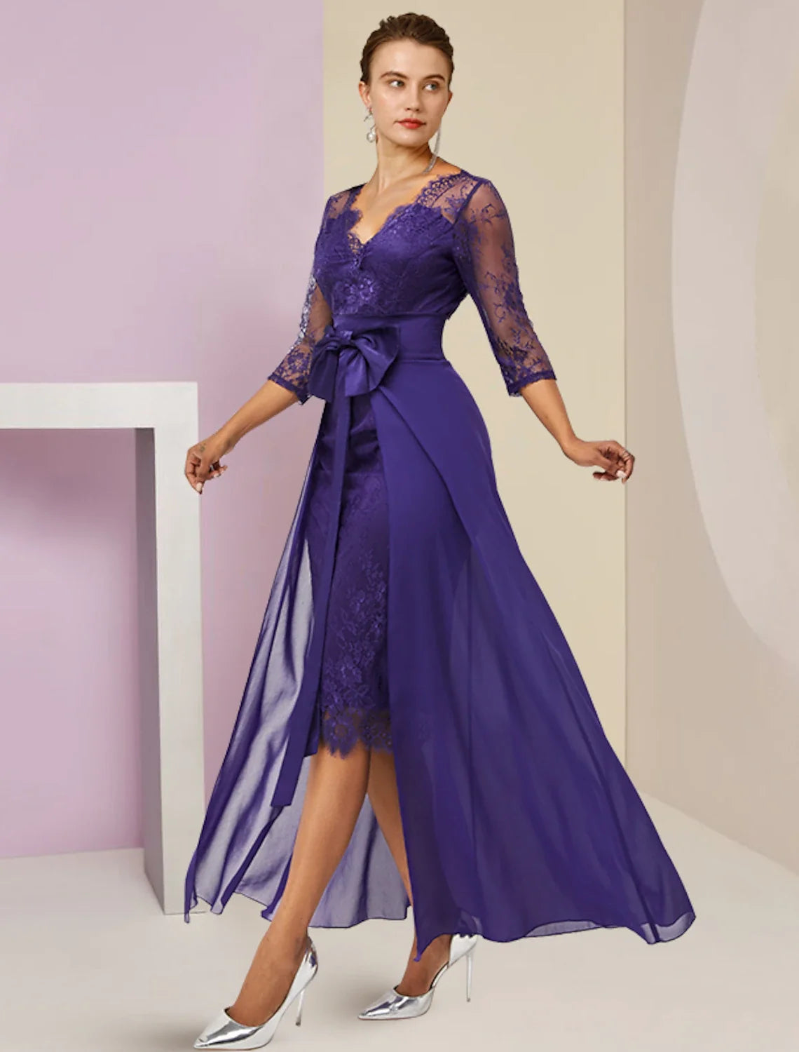 Sheath V-Neck Chiffon Three-Quarter Sleeve Knee-Length Wedding Dress - Chloe Dress