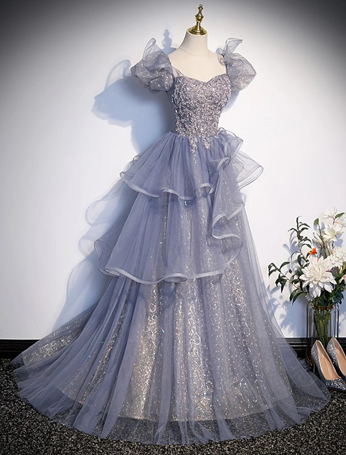 Ball Gown Square Neck Tulle Short Sleeve Ruffled Floor-Length Gown - Chloe Dress