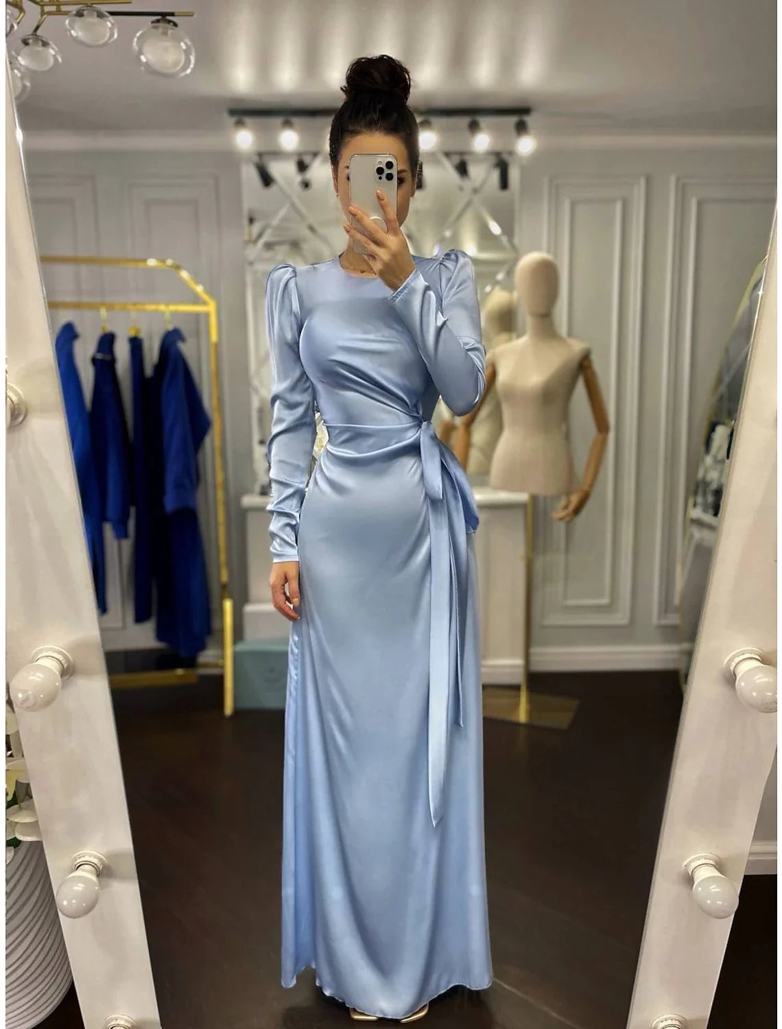 Sheath High Neck Satin Long Sleeve Floor-Length Evening Gown - Chloe Dress