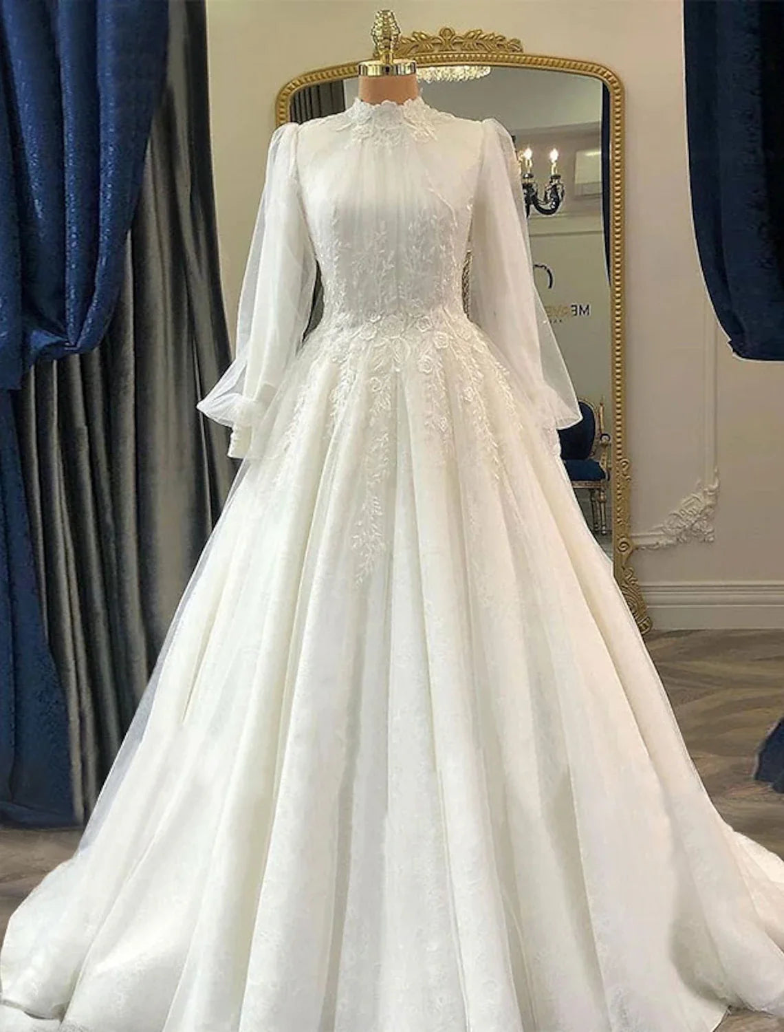 Ball Gown High Neck Lace Long Sleeve Pleated Wedding Gown - Chloe Dress