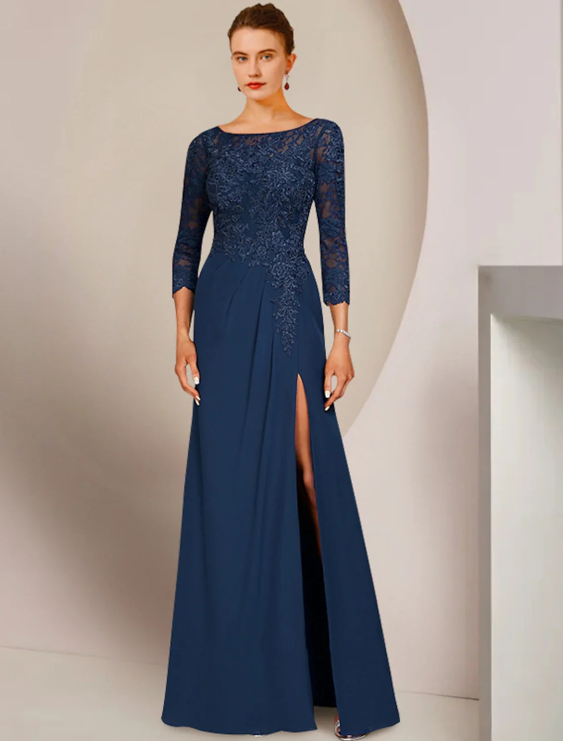 A-Line Chiffon Three-Quarter Sleeve Applique Floor-Length Dress - Chloe Dress