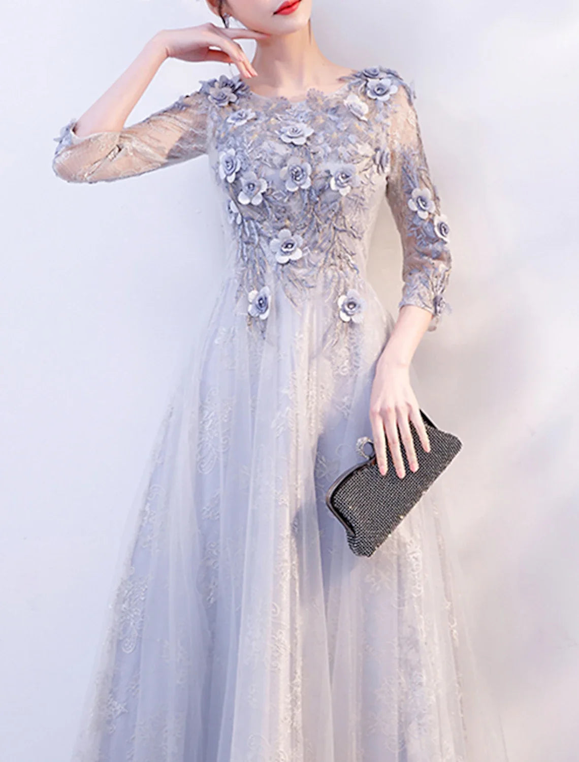 A-Line Tulle Three-Quarter Sleeve Applique Floor-Length Evening Gown - Chloe Dress