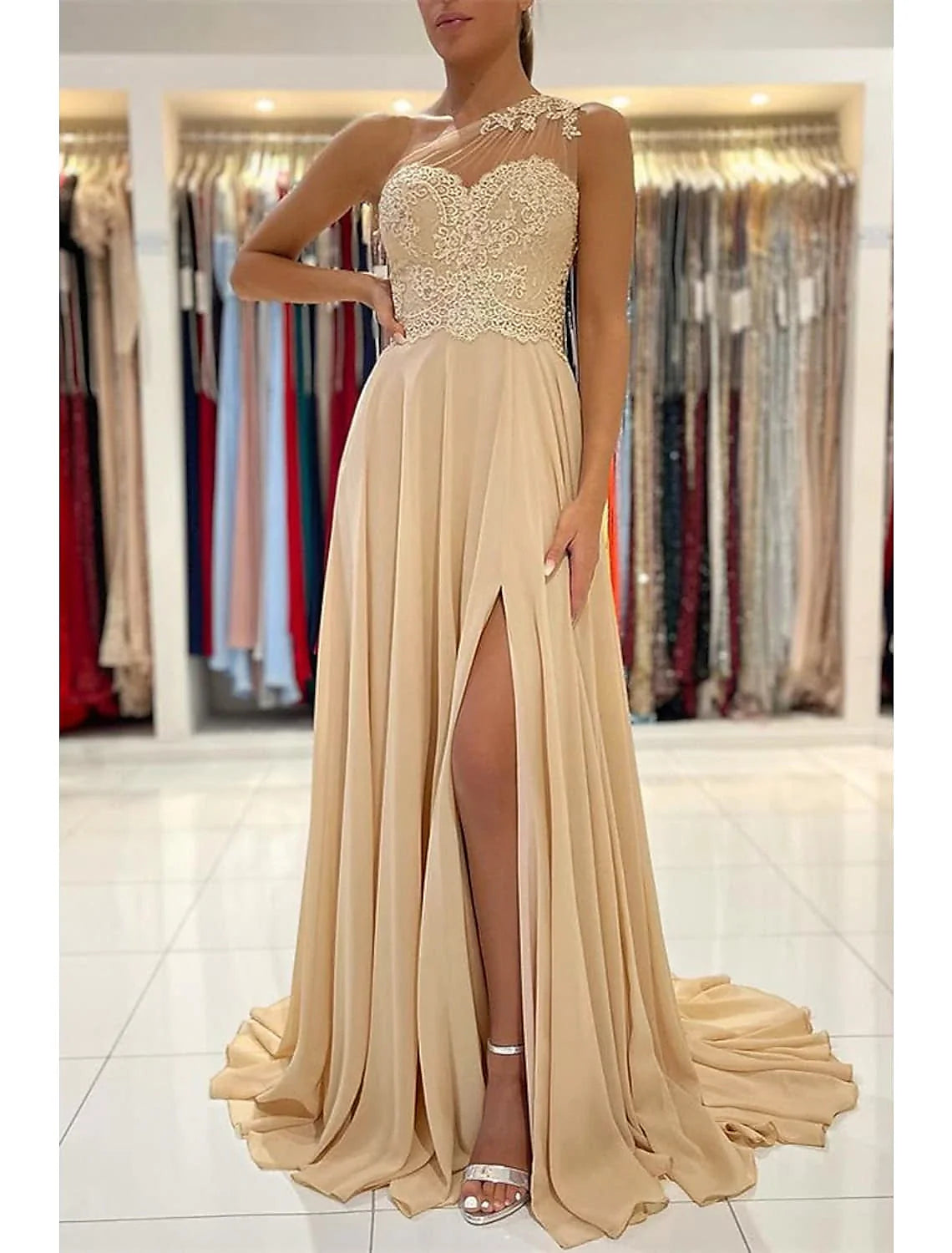 A-Line One-Shoulder Chiffon Sleeveless High Slit Prom Dress - Chloe Dress