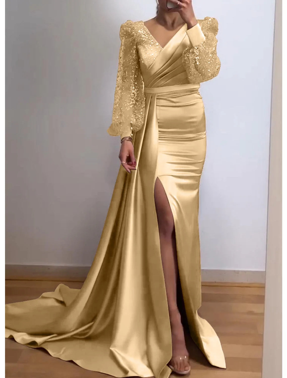 Mermaid V-Neck Sequin Long Sleeve High Slit Evening Gown - Chloe Dress