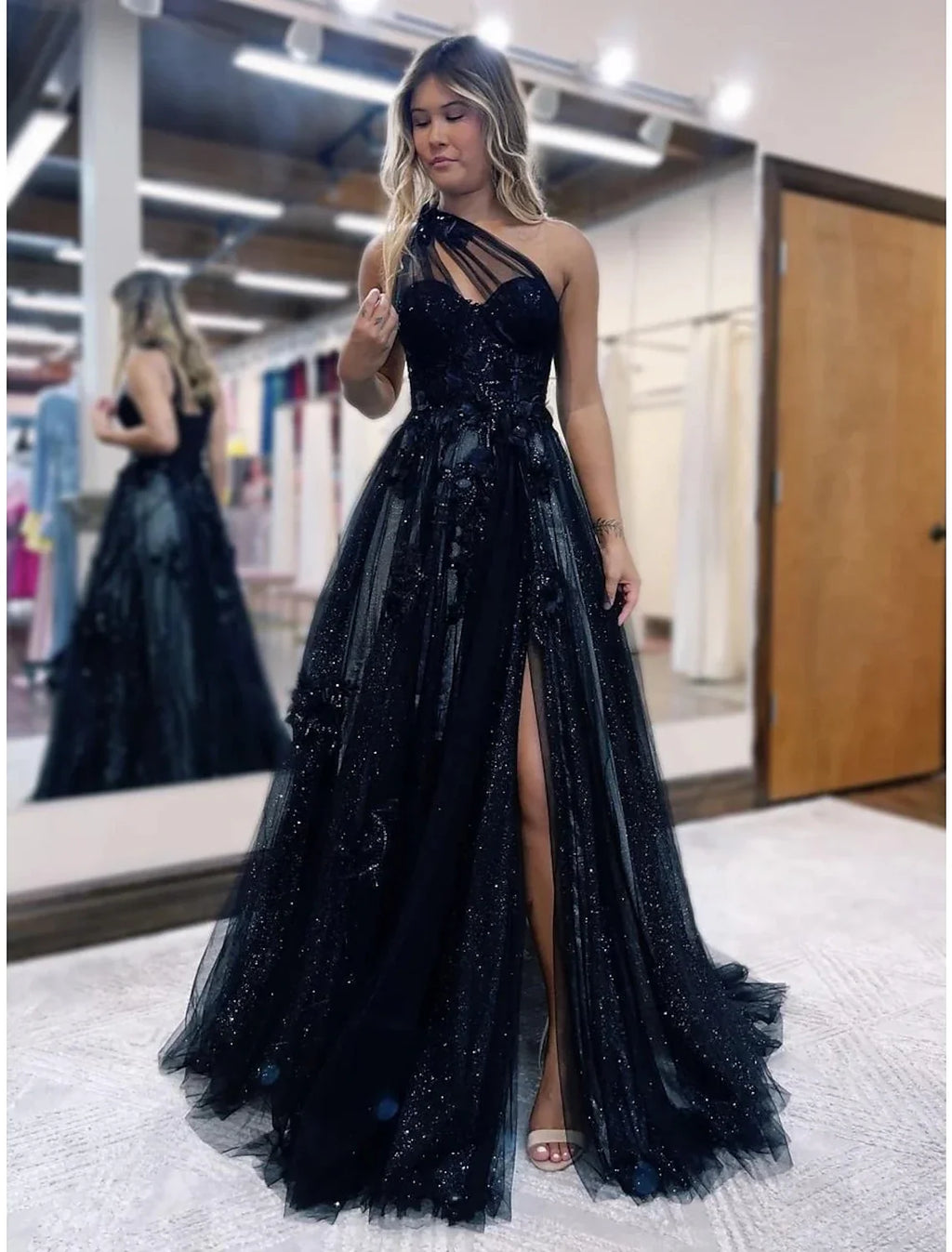 A-Line One-Shoulder Tulle Sleeveless Backless Pleated Prom Dress - Chloe Dress