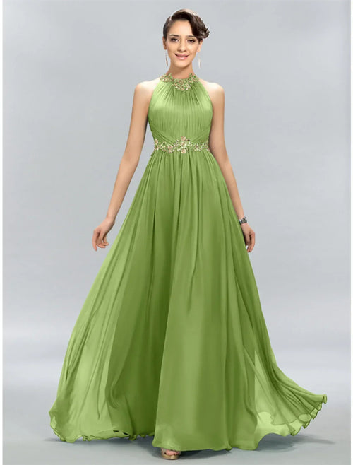 A-Line Halter Chiffon Sleeveless Applique Floor-Length Wedding Dress - Chloe Dress