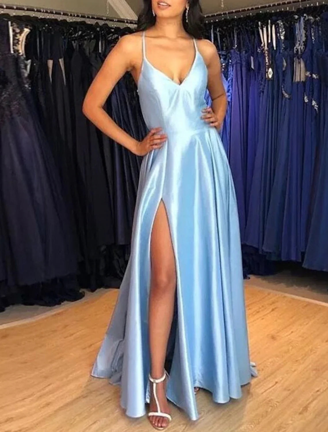 Black A-Line Spaghetti Strap Satin Sleeveless High Slit Floor-Length Prom Dress - Chloe Dress