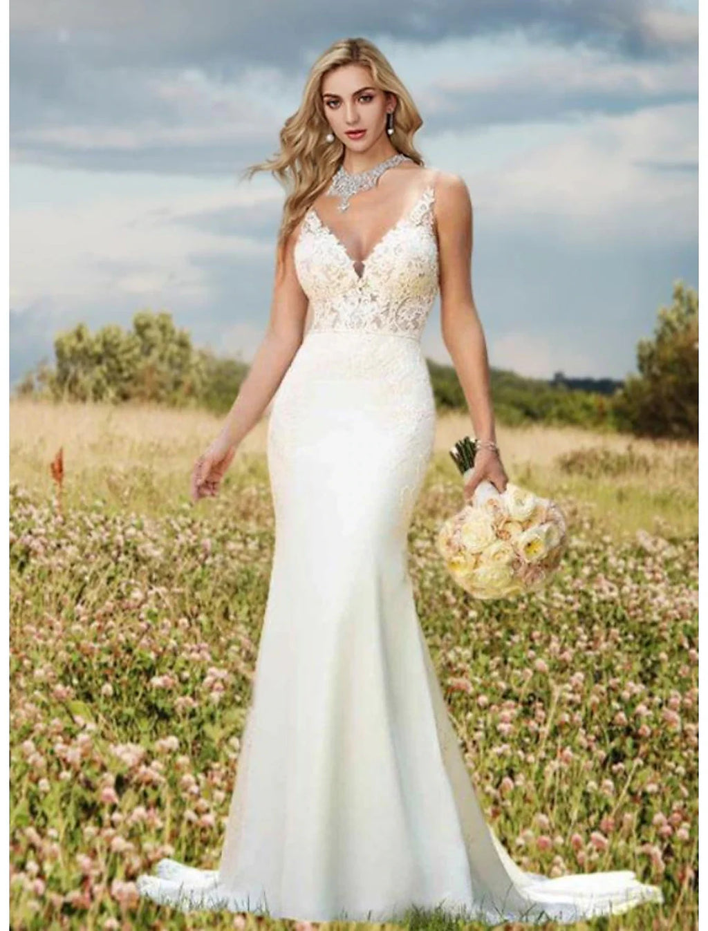 Mermaid V-Neck Lace Sleeveless Open Back Train Wedding Gown - Chloe Dress