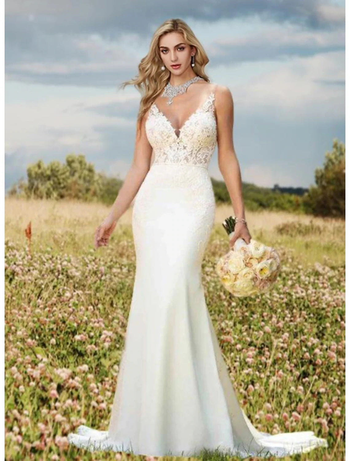 Mermaid V-Neck Lace Sleeveless Open Back Train Wedding Gown - Chloe Dress