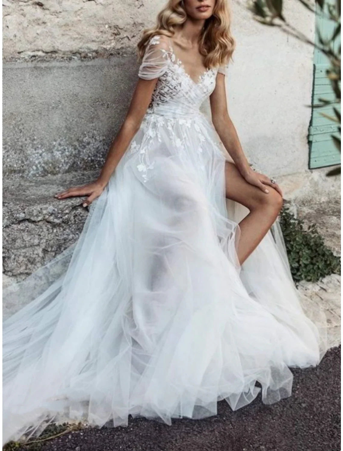 A-Line V-Neck Lace Short Sleeve Pleated Mini Wedding Gown - Chloe Dress