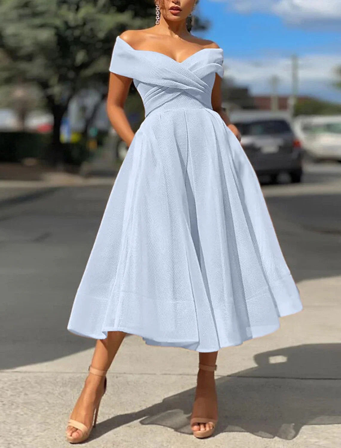 A-Line Off-Shoulder Organza Sleeveless Backless Tea-Length Prom Dress - Chloe Dress