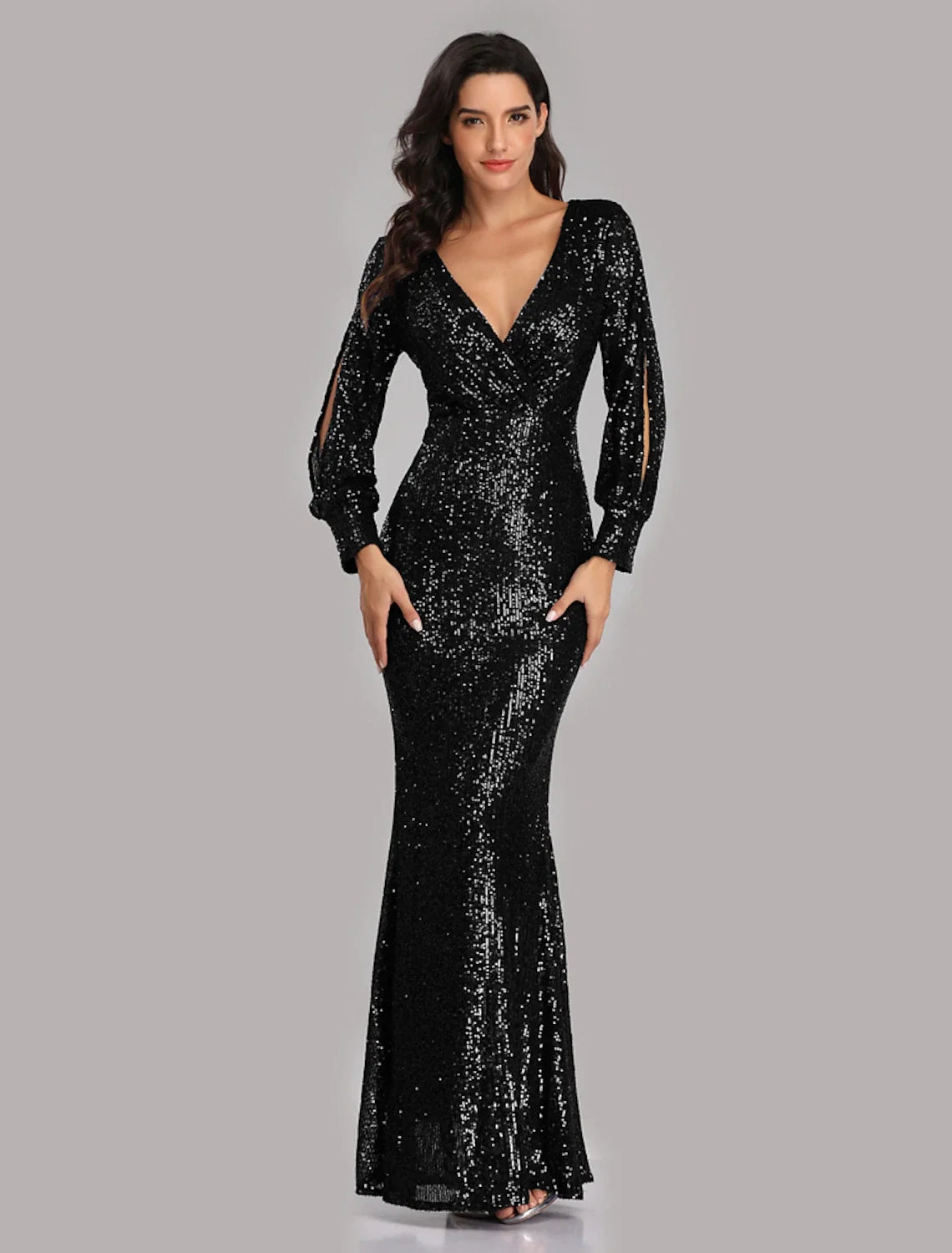 Mermaid V-Neck Sequin Long Sleeve Floor-Length Evening Gown - Chloe Dress