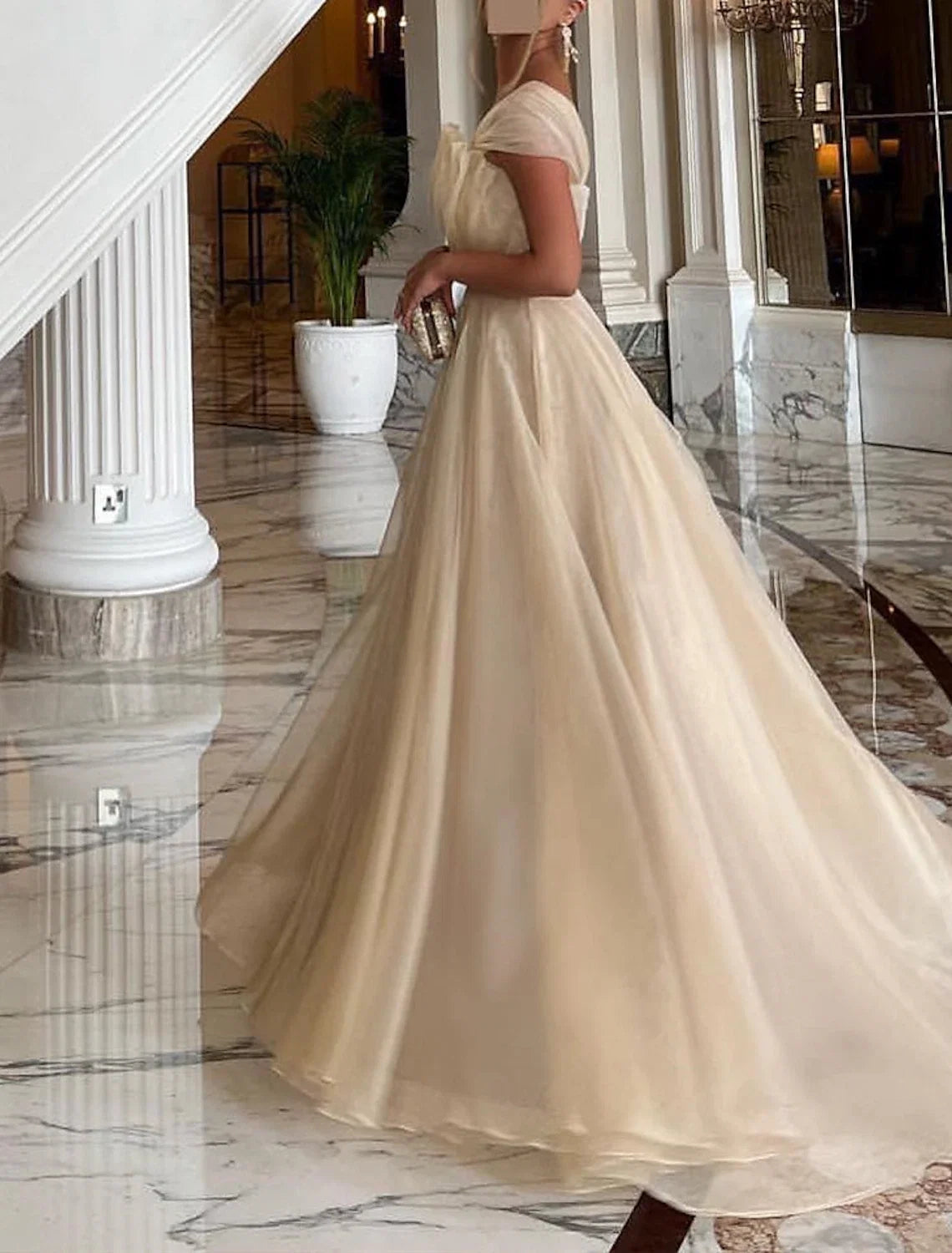 Black Ball Gown One-Shoulder Organza Sleeveless Train Prom Gown - Chloe Dress