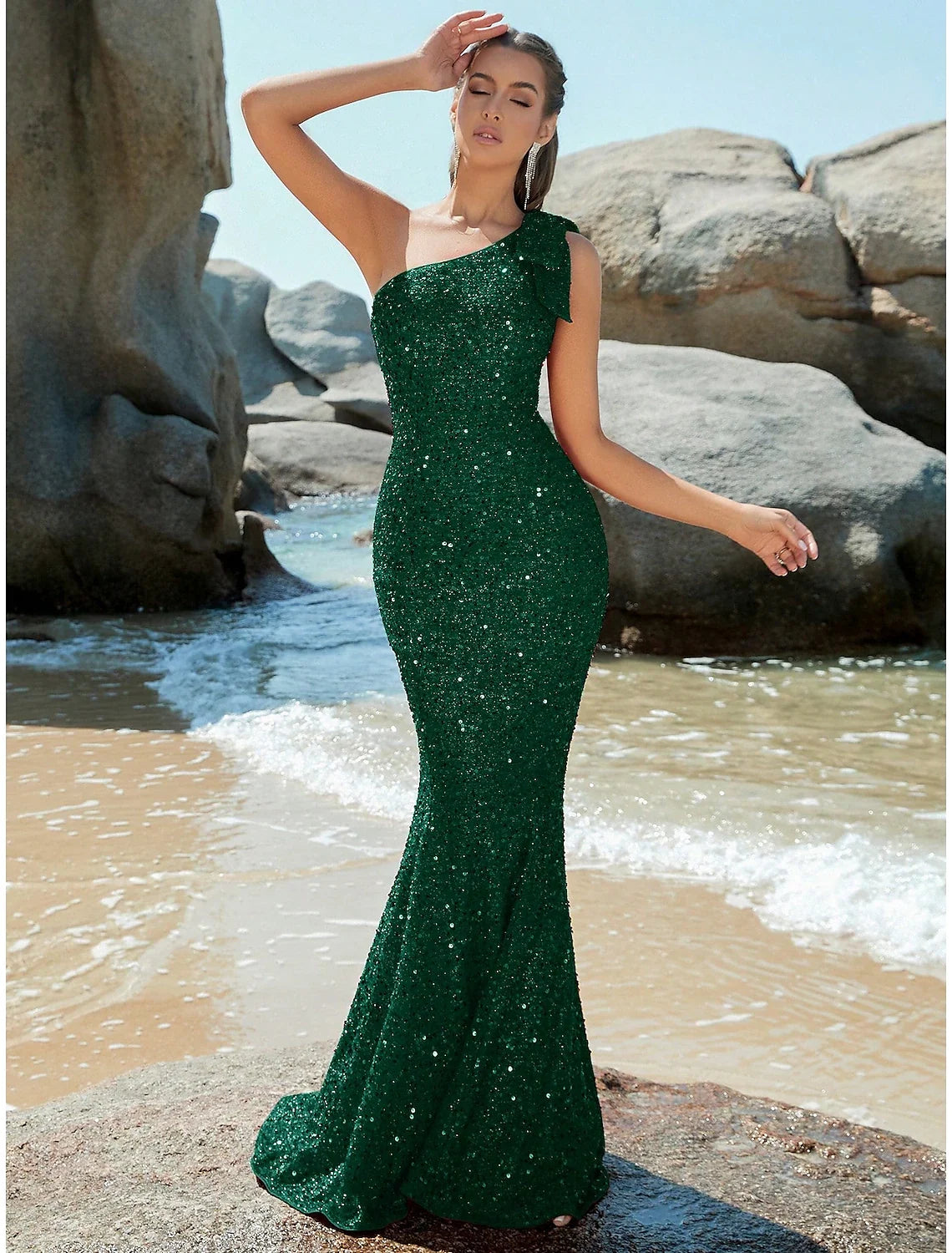 Mermaid One-Shoulder Sequin Sleeveless Train Evening Gown - Chloe Dress