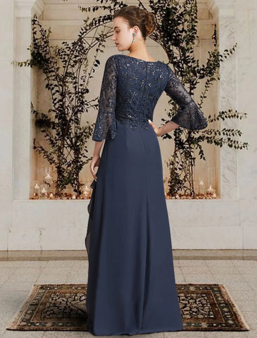 Sheath V-Neck Chiffon Three-Quarter Sleeve Pleated Floor-Length Dress - Chloe Dress