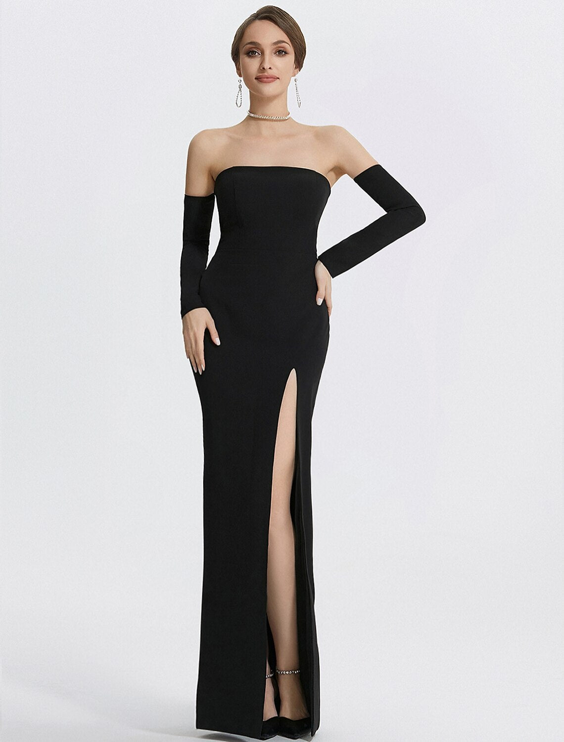 Black Mermaid Strapless Long Sleeve High Slit Floor-Length Evening Gown - Chloe Dress