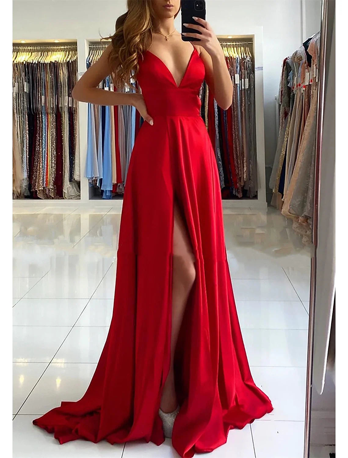 A-Line V-Neck Silk Sleeveless Backless High Slit Prom Dress - Chloe Dress