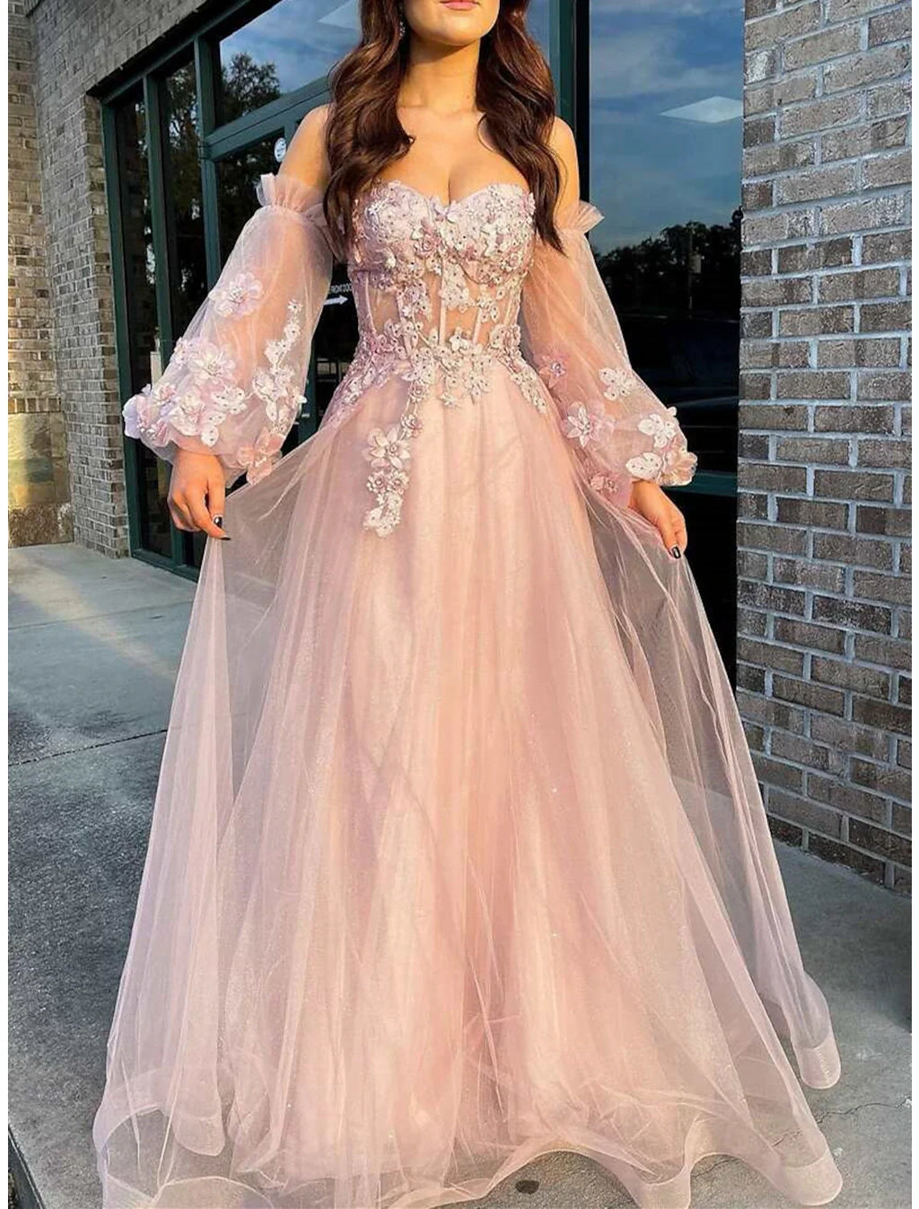 A-Line Strapless Tulle Long Sleeve Floor-Length Prom Dress - Chloe Dress