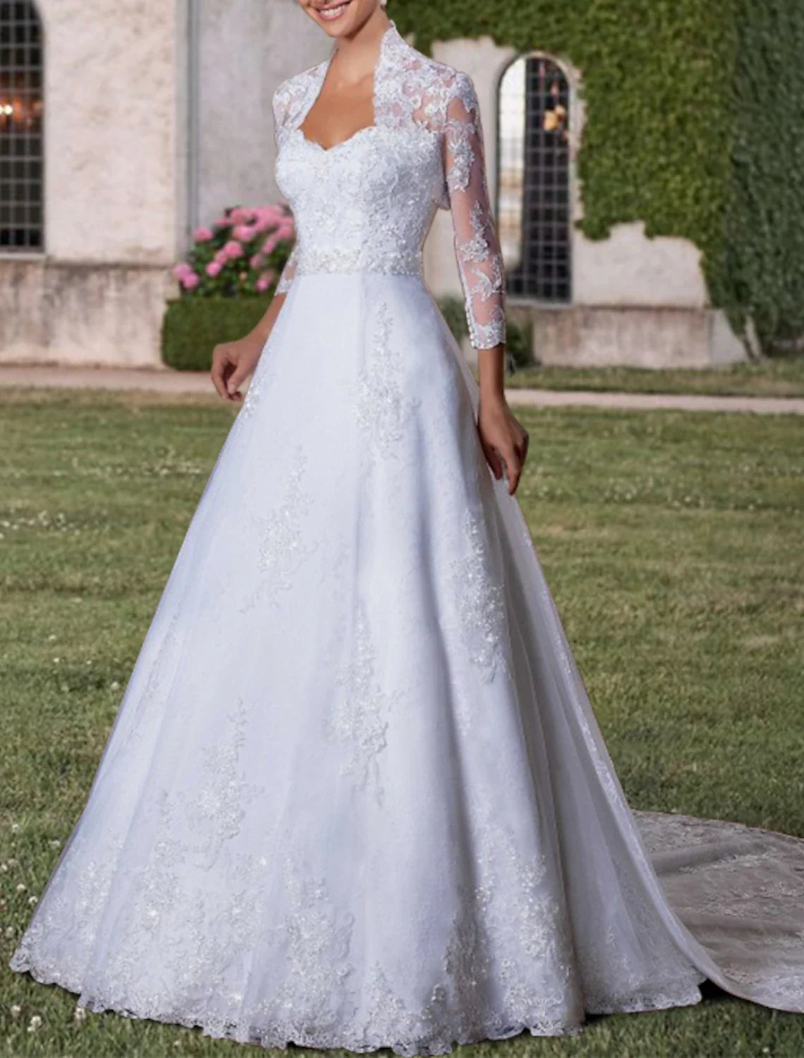 Sweetheart Lace Three-Quarter Sleeve Train Wedding Gown - Chloe Dress