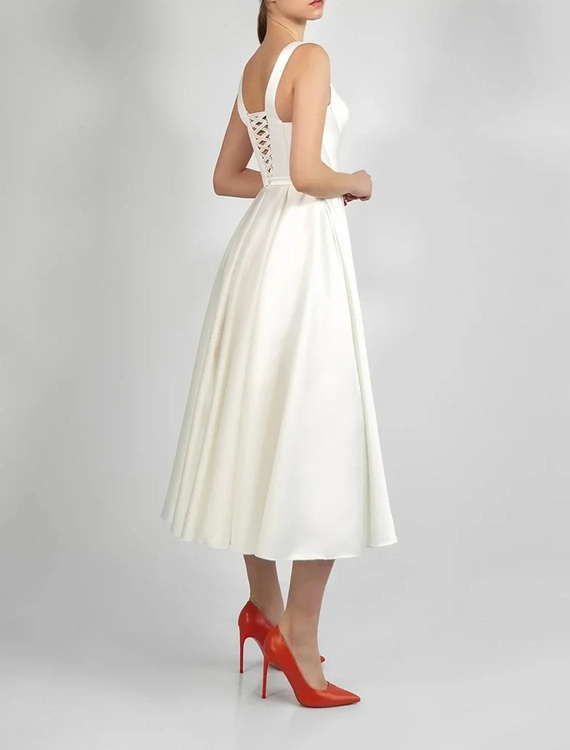 White A-Line Satin Sleeveless Pleated Tea-Length Wedding Gown - Chloe Dress