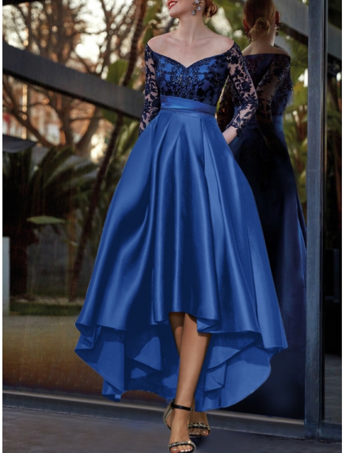 A-Line Off-Shoulder Satin Long Sleeve Pleated Evening Gown - Chloe Dress