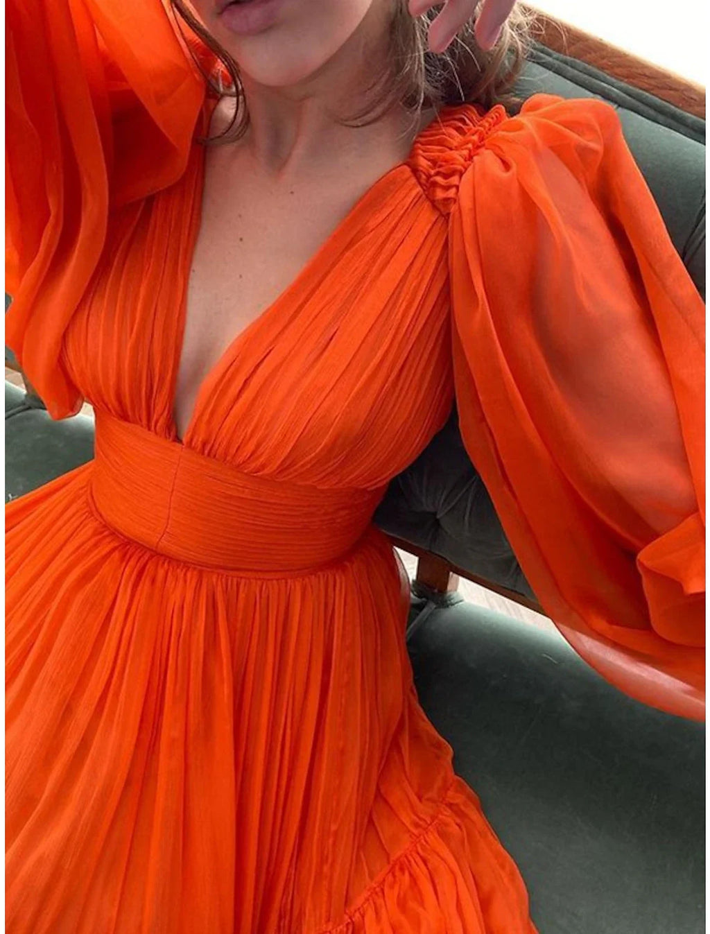 Green A-Line V-Neck Chiffon Long Sleeve Floor-Length Evening Gown - Chloe Dress