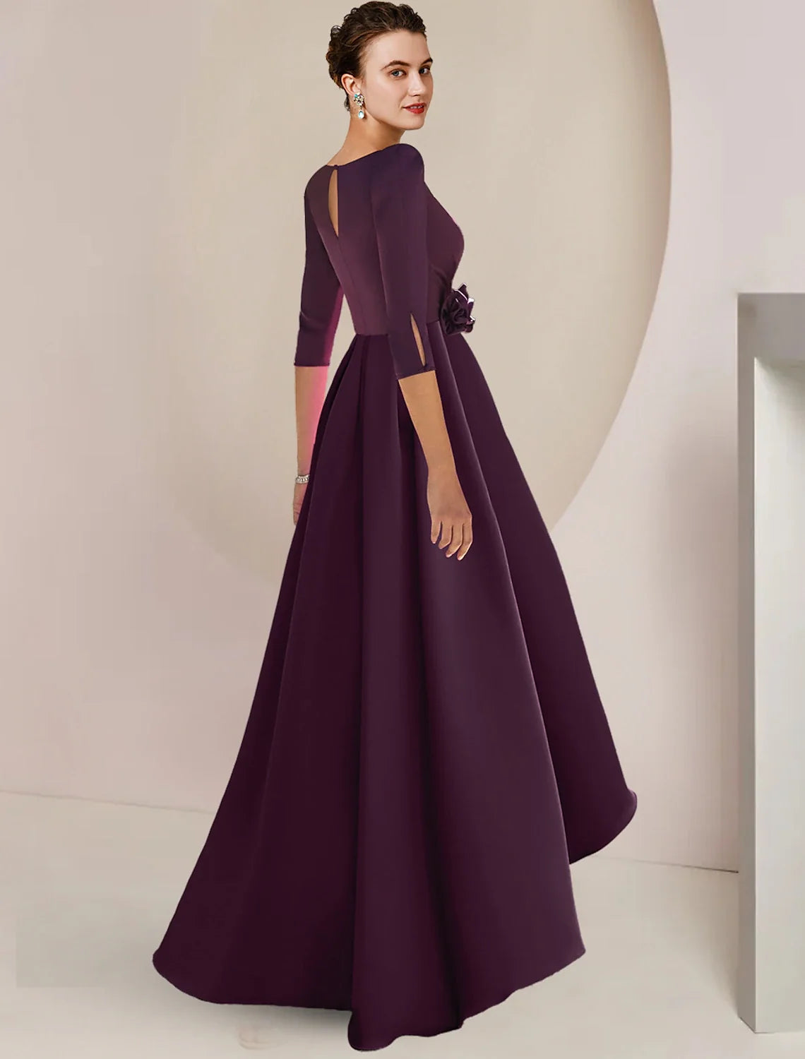 A-Line V-Neck Chiffon Three-Quarter Sleeve Applique Tea-Length Wedding Dress - Chloe Dress
