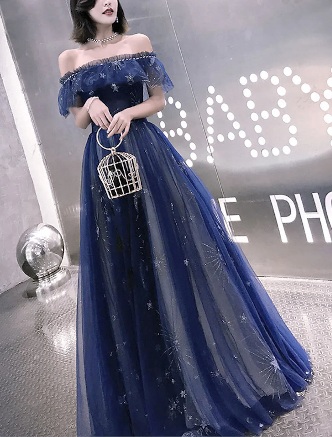 A-Line Off-Shoulder Tulle Short Sleeve Tiered Floor-Length Prom Dress - Chloe Dress