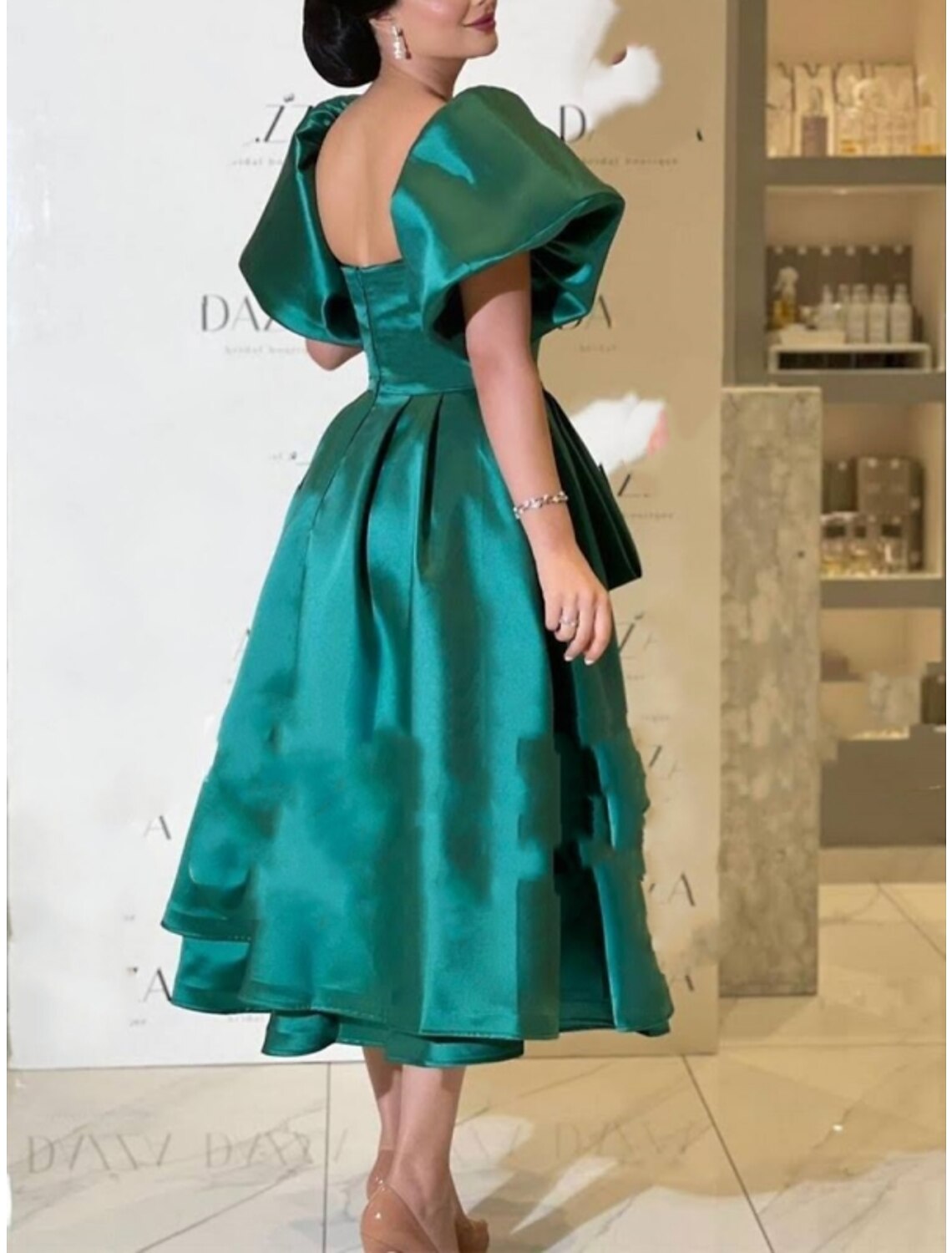 A-Line Square Neck Satin Short Sleeve Pleated Mini Wedding Dress - Chloe Dress