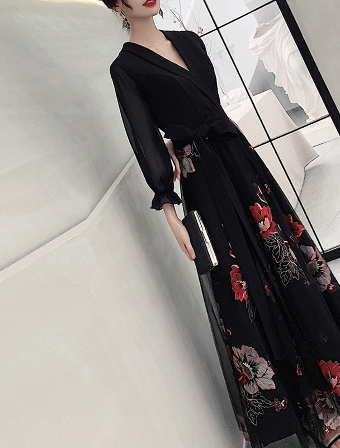 A-Line V-Neck Three-Quarter Sleeve Floor-Length Evening Dress - Chloe Dress