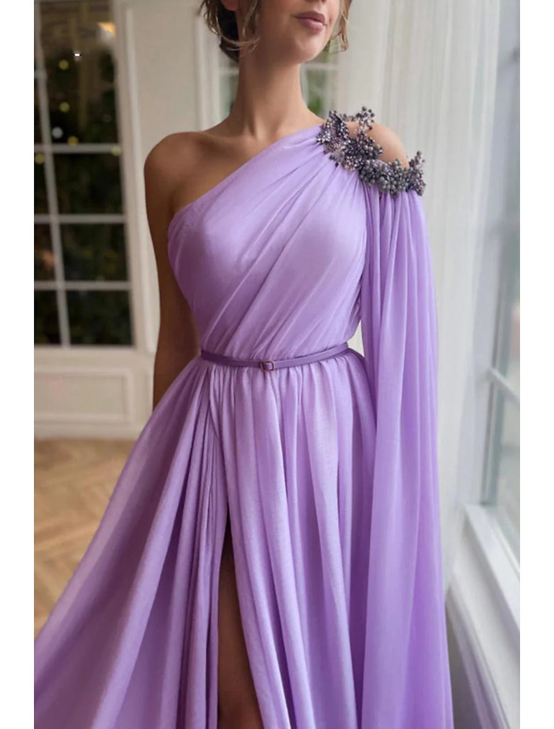 A-Line One-Shoulder Chiffon Sleeveless High Slit Evening Gown - Chloe Dress