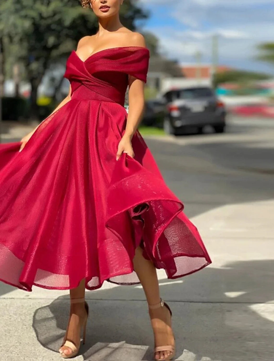 Green A-Line Off-Shoulder Tulle Sleeveless Pleated Tea-Length Wedding Dress - Chloe Dress