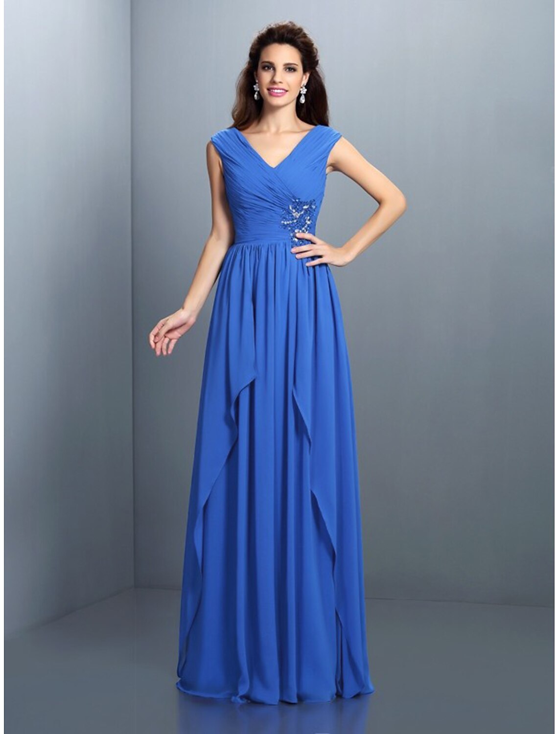 A-Line V-Neck Chiffon Sleeveless Rhinestone Floor-Length Evening Gown - Chloe Dress