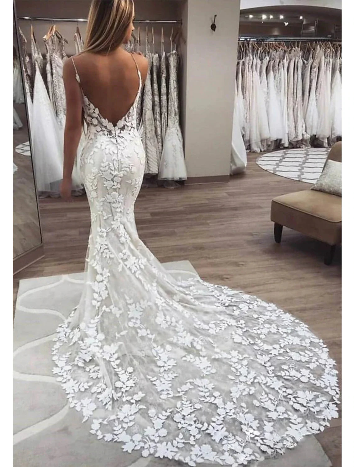 Mermaid V-Neck Lace Train Wedding Gown - Chloe Dress