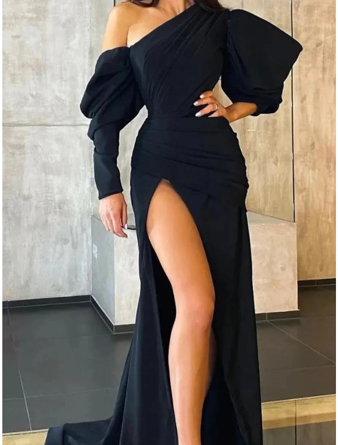 Black A-Line One-Shoulder Satin Long Sleeve High Slit Evening Gown - Chloe Dress